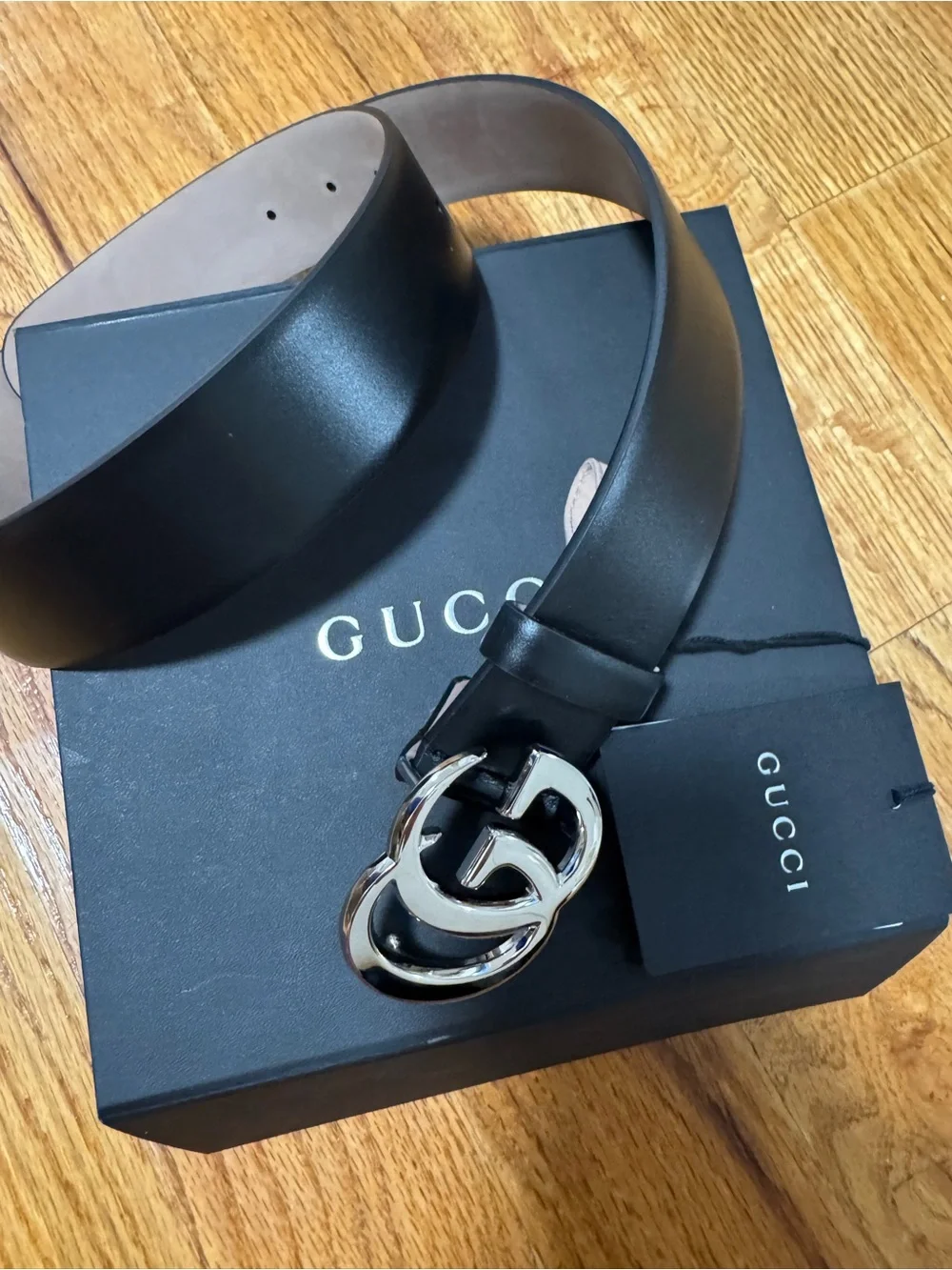 Gucci Flat Marmont Double G Black Leather Silver Buckle Belt Men’s Size 80/32